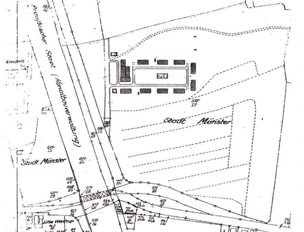 Lageplan des Lagers "Waldfrieden" in Hiltrup am Kanal / Osttor (26.8.1941, mit Baracken, noch ohne Bunker)