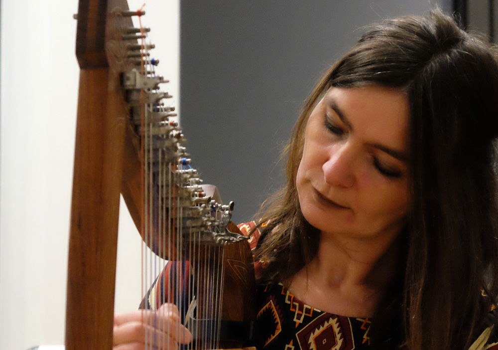 Susanna Wüstneck begleitete auf der keltischen Harfe (10.11.2017; Foto: Klare)