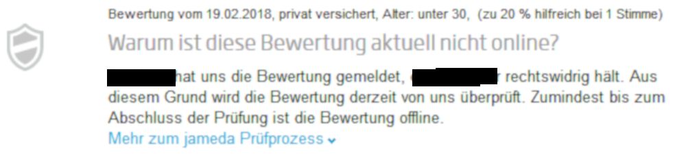 Jameda hält vom Arzt beanstandete negative Bewertungen während der Überprüfung in anderer Form aufrecht.