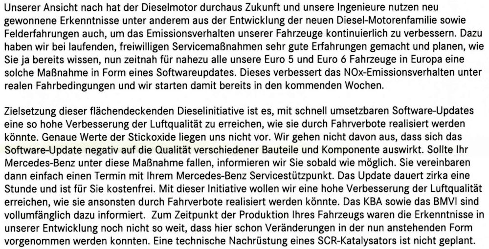 Daimler weiß angeblich nicht, wie viele Stickoxide der Euro 5-Diesel emittiert (Antwort von Daimler vom 2.8.2017 auf eine Kundenanfrage)